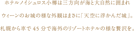 ホテルノイシュロス小樽は三方向が海と大自然に囲まれウィーンのお城の様な外観はまさに「天空に浮かんだ城」。札幌から車で45分で海外のリゾートホテルの様な手に届く贅沢を。　新しい旅のスタイル　どうみん割　