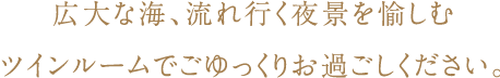 広大な海、流れ行く夜景を愉しむツインルームでごゆっくりお過ごしください。